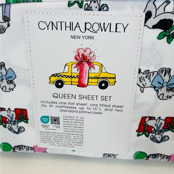 Cynthia Rowley Puppy Cheer Queen Size Sheet Set Presents Bows Ornaments Gifts - Picture 9 of 12
